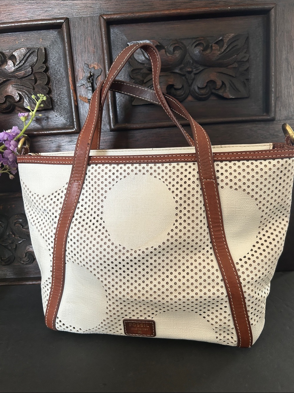 Fossil Cream and Brown Perforated Dot Tote